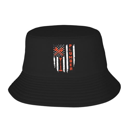 Plumber American Flag Bucket Hat for Men Women - Sun Protection Fisherman Hat, Lightweight Foldable Casual Outdoor Summer Hat for Beach, Fishing, Hiking (Black)