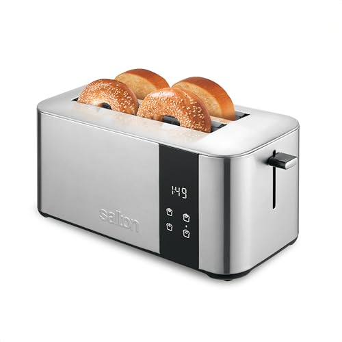 Salton Digital Long Slot Toaster, 4 Slice | Stainless Steel Countdown Toaster with Extra-Wide 1.5” Slots | Reheat & Defrost Function | One Size Fits All | For Bagels, Waffles, Artisan Breads, Pastries