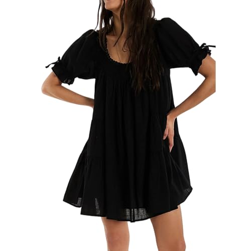 cravings cotton ruffle babydoll dress Womens Loose Free Scoop Neck Eyelet Puff Short Sleeve People FP Dupes Mini Y2k Boho Cute Summer Going Out Short Baby Doll Dresses Elegant Flowy Sundress (Black, S) crochet British retailer cashes in Summer is calling in item size:S