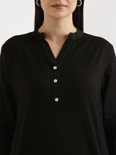 Image of SAADAA Women's Linen Straight Fit Straight Long Kurta Airy Plain Kurta, 3 /4 Sleeve, Knee Length Kurtis with Pockets, Casual and Office Wear