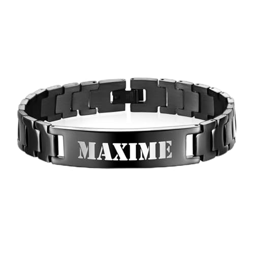 KDO MAGIC – Bracelet personnalisé acier homme – prénom gravé – Couleur noire – Gourmette personnalisable – Idée cadeau homme, fête des pères,...