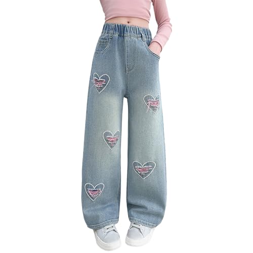 Girls Baggy Jeans, Ripped Heart Patch Denim Pants, Casual Loose Fit Wide - Leg Trousers for Kids
