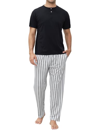 Mens Pajamas Set Cotton Short Sleeve and Pants 2 Piece PJ Set Soft Comfy Loungewear Men's Nightwear Set with Pockets