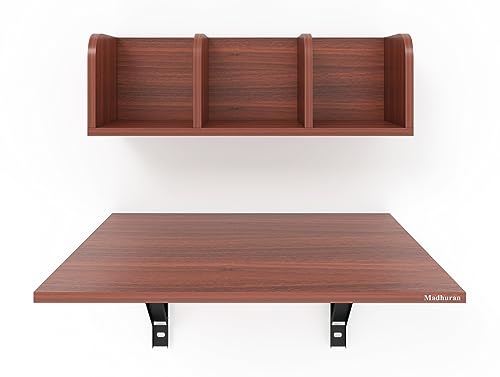 Image of Madhuran Engineered Wood Wall Mounted Folding Laptops Cum Study Table with Storage Shelf (Matte Teak) Work Home Foldable Office Study Room Books Kitchen Organizer