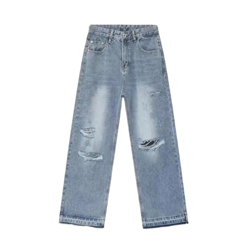 Men Distressed Denim Pants Wide Leg Loose Fit Vintage Streetwear Trousers Casual Jeans