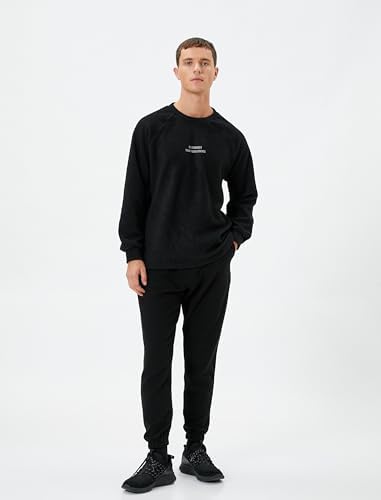 Koton Erkek Polar Sweatshirt Slogan İşlemeli Bisiklet Yaka Uzun Kollu, Siyah, S - Görsel 3