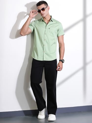 Image of Thomas Scott Men's Premium Slim Fit Casual Shirt | 100% Cotton Twill | Short Sleeves | Spread Collar | Solid Smart Casual Shirt for Men