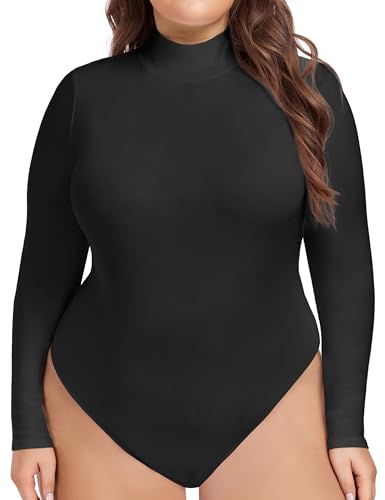 COOTRY Women's Plus Size Mock Turtle Neck Bodysuit Long Sleeve Basic Tops