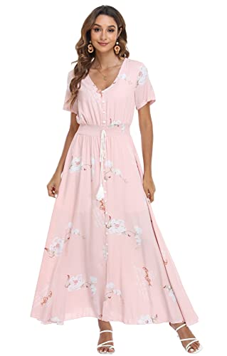 Image of VintageClothing Women's Floral Maxi Dresses Boho Button Up Split Summer Casual Long Dress Beach Party Dress