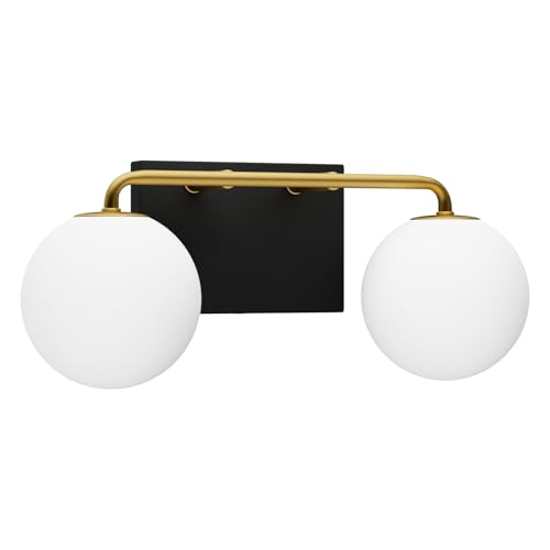 Image of Tipace 2 Lights Mid Century Vintage Bathroom Vanity Light Fixtures Over Mirror Black Gold Industrial Vanity Lights with Milk White Glass Globe Farmhouse Bath Lighting(Exclude Bulb)
