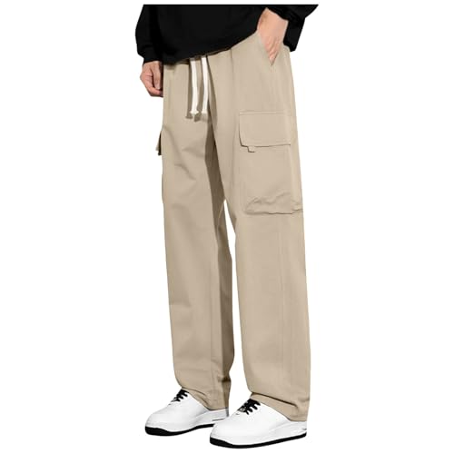 Men's Drawstring Pants Casual Elastic Waist Solid Color Pockets Long Pants Straight Breathable Comfort Trousers
