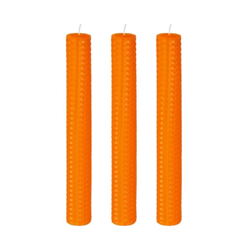 KONNI Orange Beeswax Taper Candles, 0.87 inch x 7.87 inch Hand-Rolled, Unscented, Smokeless Beeswax, Long Burning Time, Flat Top (Pack of 3), for Weddings, Dinner Parties, Spas, and Home Decor