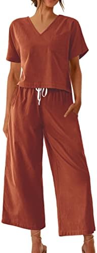 Ekouaer Women's Pajamas Set Outfits Tracksuit Short Sleeve Top Wide Leg Pants Cotton Linen Sleepwear Lounge Sets(Clay,XL)