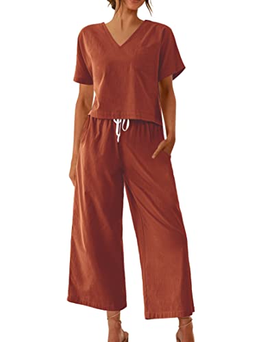 Image of Ekouaer Women's 100% Cotton Linen Lounge Set Short Sleeve Top Pajamas Wide Leg Pants Loungewear Outfits Pocket S-XXL