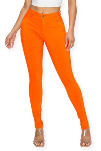 High Waisted-Rise Colored Stretch Skinny Destroyed Ripped Distressed Jeans for Women Olive Mustard RED (US, Alpha, Medium, Regular, Regular, NEON Orange)
