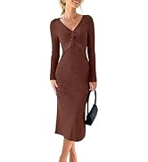 MIHOLL Womens 2023 Sweater Dress Long Sleeve V Neck Twist Front Slim Fit Ribbed Knit Bodycon Midi...