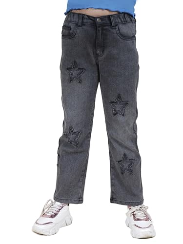 Image of KiddoPanti Girls Full Length Frayed Star Patch Washed Denim Jeans with Elasticated Waistband