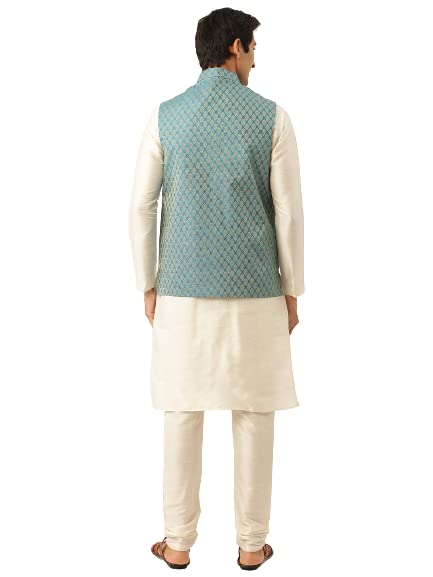 Image of SOJANYA (Since 1958 Men's Silk Blend Off White Kurta Pyjama & Maroon Self Design Nehru Jacket Combo