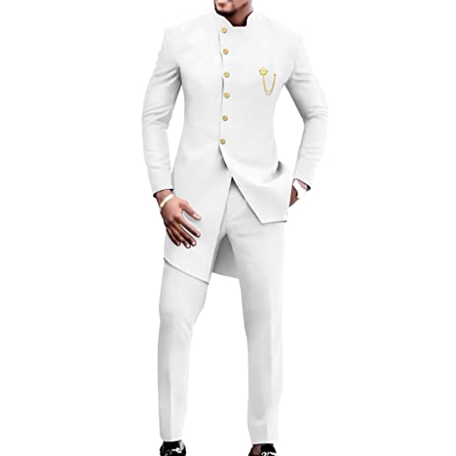 Men's 2 Piece Party Suit African Dashiki Shirt Long Sleeve Tux Blazer & Pants Formal Wedding Outfit Suit Tracksuit (Color : White, Size : 4X-Large)