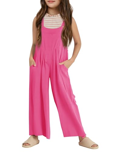 Image of Haloumoning Girls Overalls Kids Casual Sleeveless Wide Leg Jumpsuit Loose Rompers with Pockets 5-14 Years