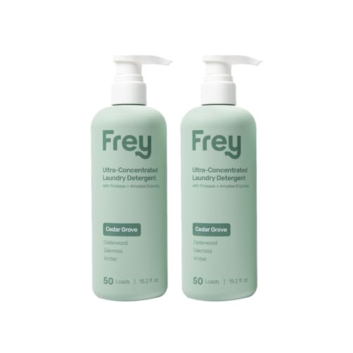 FREY Concentrated Liquid Laundry Detergent | Formulated for Sensitive Skin & HE Washers | Removes Stains Effectively | 50 Loads per Bottle (2-pack Cedar Grove)