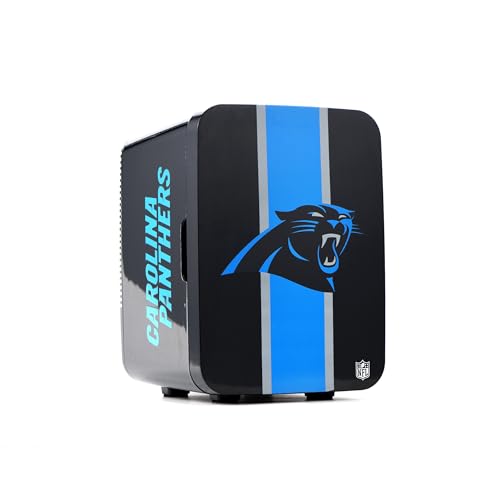 Image of Ukonic NFL Carolina Panthers 15-Can Mini Fridge 10L - AC /DC Powered, Official Team Colors & Logo, Portable Cooler for Tailgates, Home, Office, or Car