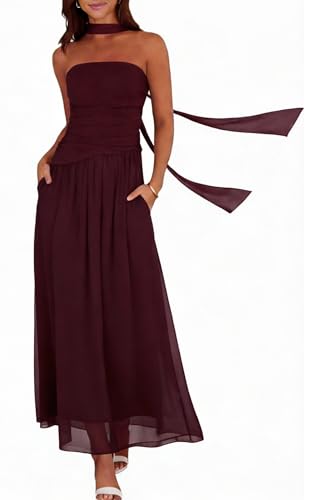 Summer Maxi Dresses for Women 2026 Strapless Ruched Tube Dress with Scarf Beach Vacation Spring Wedding Guest Dress Pockets (US Alpha Large Regular Regular Burgundy)