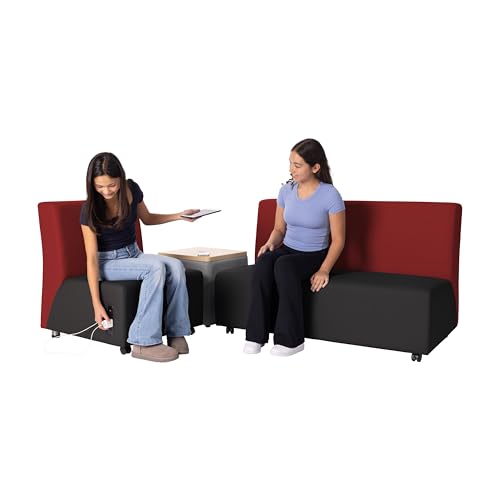 Image of FDP Pro Series Upholstered Armless Mobile Sofa with Tech Outlet, USB Charging and Locking Casters for Portability Commercial Seating for Hotel Lobby, Office, Restaurant, Waiting Room - Black /Crimson