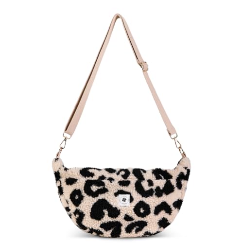Grünes Glück Teddy Moonbag LARGE sehr hochwertige Bauchtasche für Damen mit Innen- & Außentasche & verstellbarem Gurt ideal als Crossbody Bag Halbmond Tasche Kinderwagen Organizer (Leo ecru)