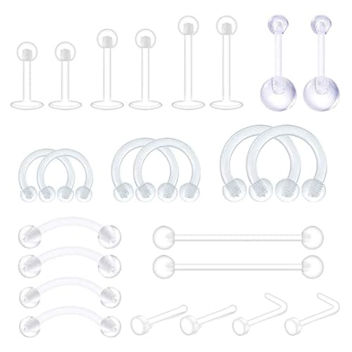 HANIUTTY 24 Pcs Piercing Plastique Retainers, Piercing Transparent Invisible Nez Labret Oreille Nombril Lèvre Septum Helix Silicone Barre Langue Téton Tragus