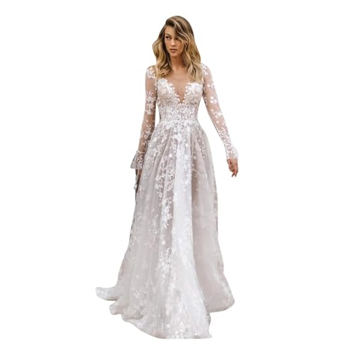 Vestidos De Novia Elegantes Sexy Vestido Largo Con Cuello En V Vestido De Novia De Playa Con Mangas Largas Vestidos De Dama De Honor(M)