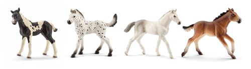 Schleich Horse Club - Juego de 4 piezas de coleccionista de potro para niñas y niños a partir de 5 años, incluyendo Pinto, Knabstrupper, Mustang y Holsteiner Foal Toy Baby Horse Figuritas, regalos de
