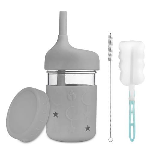 Image of XccMe Kids Glass Cups With Lids and Straws,8 oz Toddler Milk Cups,Snack Cups for Toddlers Spill Proof with Silicone Sleeve,Straw with Stopper,Silicone Lid,Smoothie Kids cup (Grey)