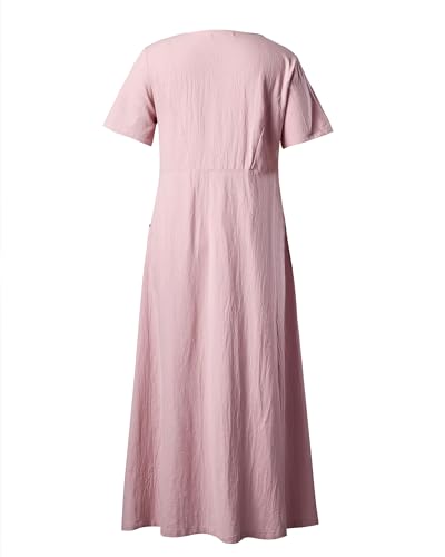 Image of Women's 65% Cotton, 35% Linen Crew Neck Midi Dress, Short Sleeve Dress with Pockets for Summer Daily Wear