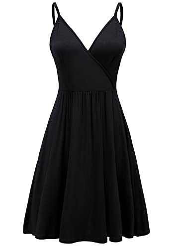WEACZZY Black Dresses for Women 2025 Sexy V Neck Spaghetti Strap Summer Sun Dresses Casual Beach Cover Up Mini Vacation Dress with Pockets, M