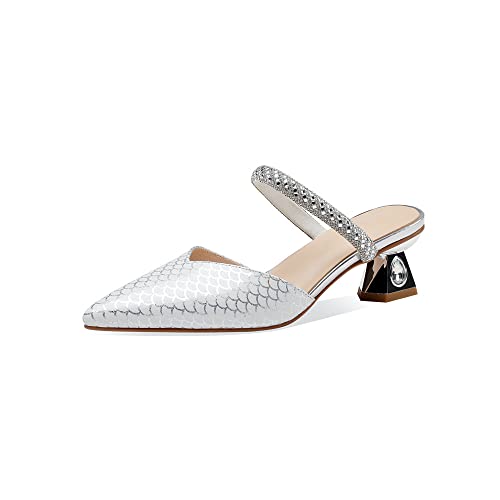 TinaCus Printed Genuine Leather Women's Pointed Toe Handmade Rhinestoes Décor Low Chunky Heels Slippers