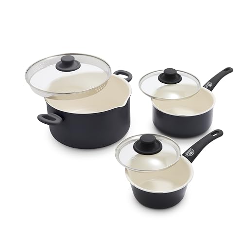 GreenLife SoftGrip Ceramic Healthy Nonstick Set, 6QT Stockpot with Straining Lid, 1QT and 2QT Saucepans with Lids, PFAS & PFOA-Free, Dishwasher Safe, Versatile Cooking, Black