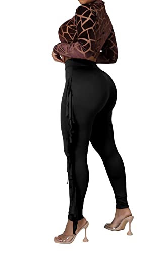 Rimhold Women's Fringe High Waist Solid Bodycon Side Tassel Pants Yoga Sweatpants Bandage Pants3