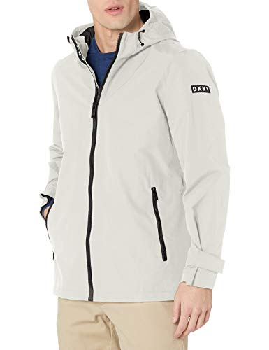 DKNY Men's Lightweight Water Resistant Taslan Hooded Rain Jacket, Light Grey, Small
