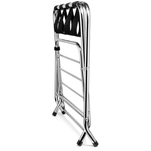 Image of Multipurpose Portable Foldable Stainless Steel Luggage Rack with Shoe Storage Shelf, Heavy-Duty Mirror Finish Frame, Black Nylon Straps, Ideal for Home, Hotel & Travel Use