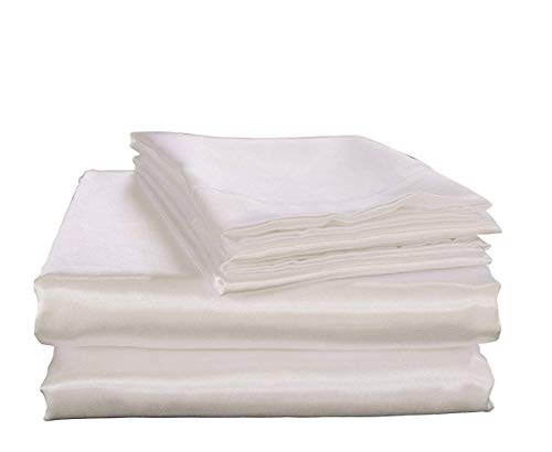 Bedify Bedding 100% Pure Silk Satin Sheet Set 4pcs, Silk Fitted Sheet 15" Deep Pocket Mattress fit,Silk Flat Sheet&Silk Pillowcases Set Cool Soft Silk Sheets|Wrinkle Free Fade Resistant Queen White