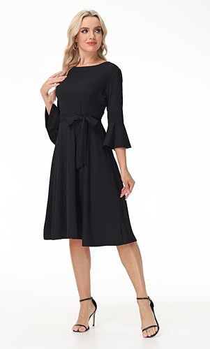 Image of Hostoyo Church Dress for Women Wedding Guest Cocktail Party Dresses Evening Prom Formal Modest Gowns Crew Neck Bell Sleeve