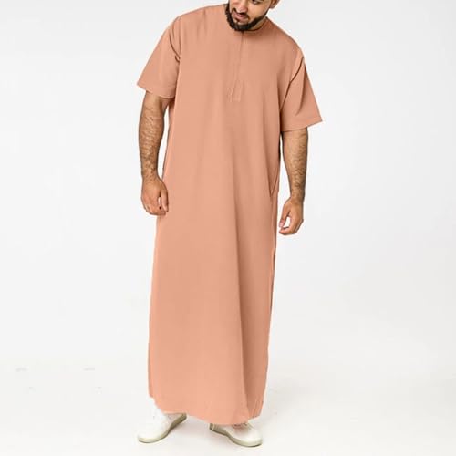 Thobe for Men Round Neck Half Zipper Muslim Kaftan Middle Arab Mens Caftans Casual Short Sleeve Long Gown Dress4