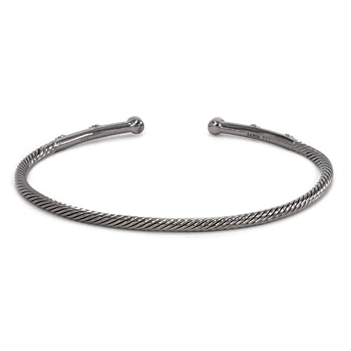 New Beginnings By Janyl Adair - Black Rhodium Plated .925 Sterling Silver White Zircon 2Mm Cable Rope Finial Cuff Bracelet - 7" #TOP2