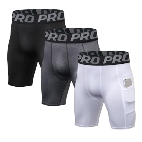 LANBAOSI 2-3 Piezas Pantalones Cortos de Compresión Hombre, Pantalones Cortas Running Hombre, Pantalones Cortos de Gimnasio con bolsillos laterales Transpirable y Secado Rápido para Deporte Fitness