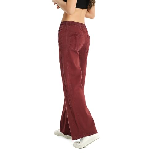 Women's Elastic Waist Wide Leg Pants High Waist Tummy Control Straight Leg Drawstring Lounge Sweat Jeans with Pocke3