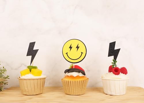 One Happy Dude Cupcake Topper - 24Pack Yellow Smiling Face and Black Lightning Cupcake Picks, 1st Birthday Party Cupcake Decor by AHAORAY - Image 6