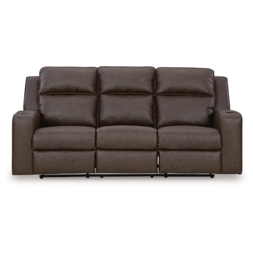 Image of Signature Design by Ashley Lavenhorne Faux Leather Manual Reclining Sofa | Heavyweight padded faux leather couch, Drop down table with 4 cup holders and USB ports, 3-in wall hugger design