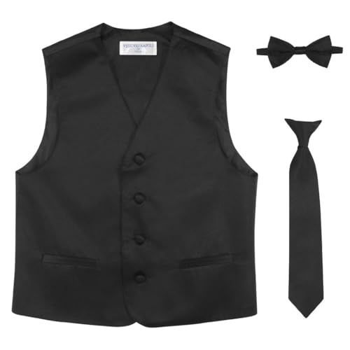 Vesuvio Napoli Boy's Dress Vest Bow Tie Necktie 3 piece set. Solid Color Variety Pre-Tied Ties (US, Numeric, 14, Black)