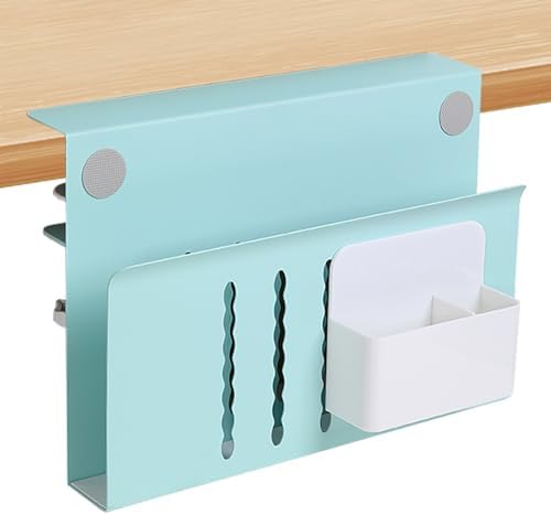 Desk Side Storage Organizer, Under Desk Laptop Holder Clamp on Desk Shelf, No Drill Laptop Desk Mount with Magnetic Pen Holder, Hanging Desk Organizer for Office and Home